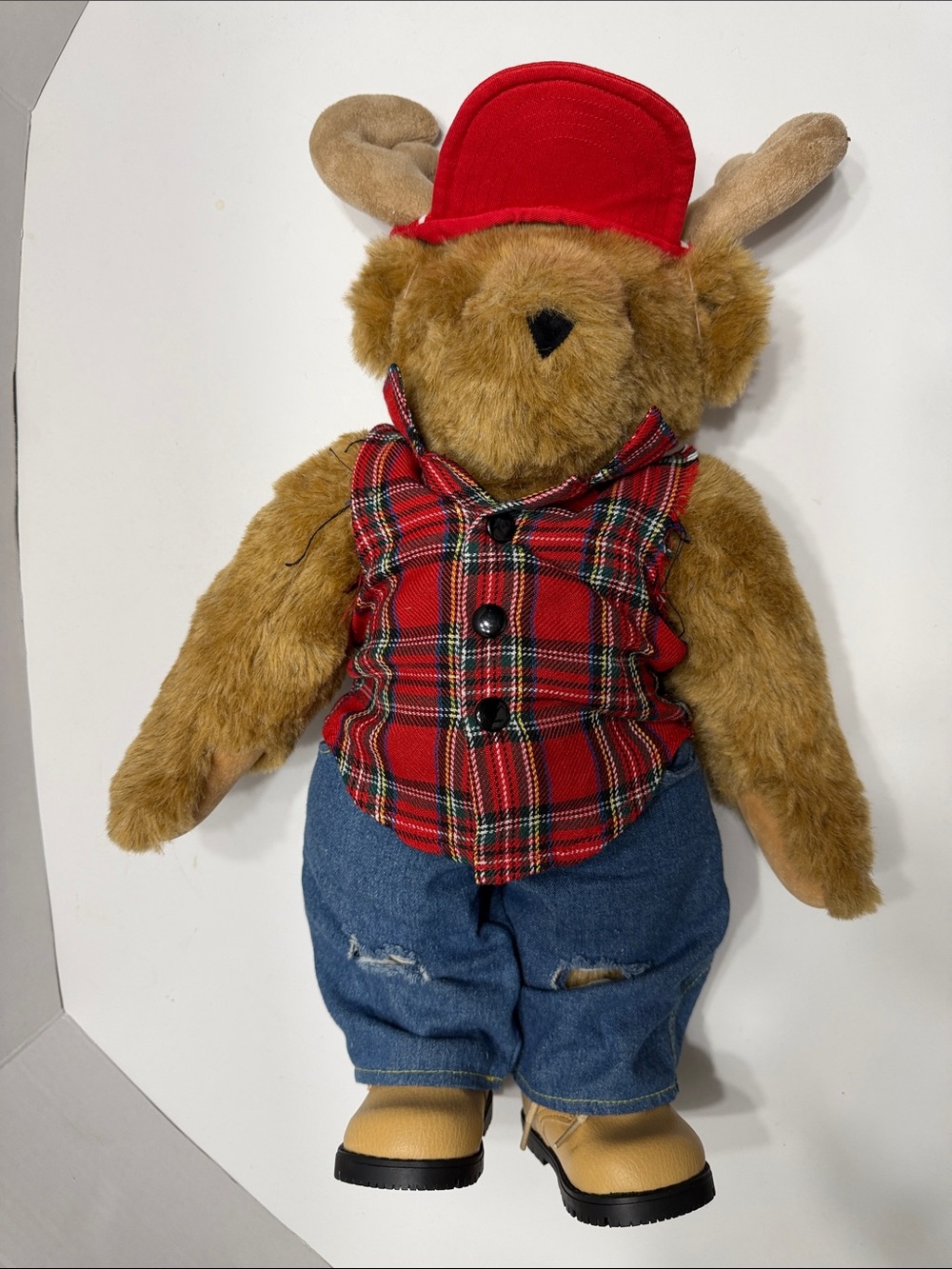Vermont Teddy Bear Plush Moose Toy in Red Plaid Vest and Red Cap